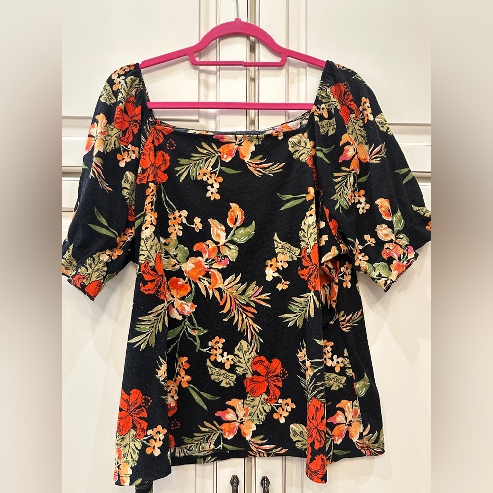 Tropical Floral Square Neck Puff Sleeve Blouse Black Orange‎ Green